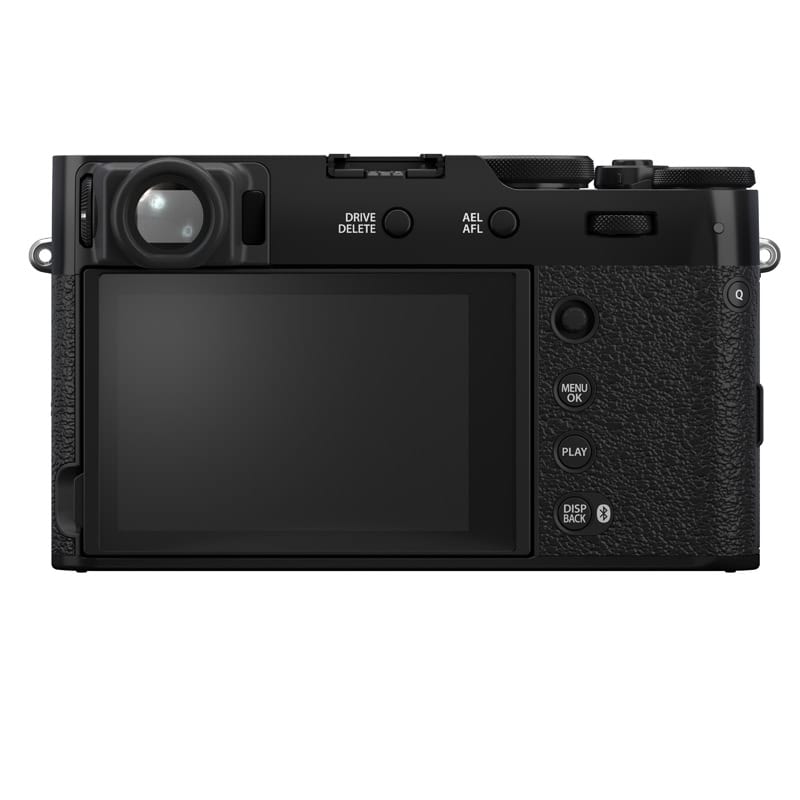 Fujifilm X100VI schwarz Kamera Rückseite mit Display und Bedienelementen.