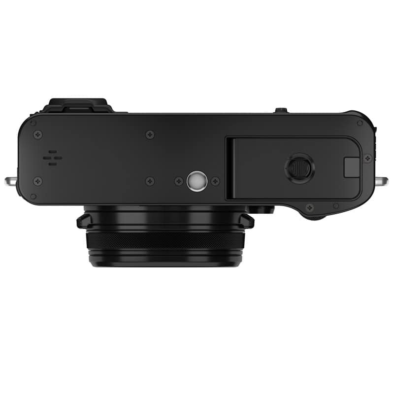 Unterseite der Fujifilm X100VI Kamera in Schwarz, Detailaufnahme.