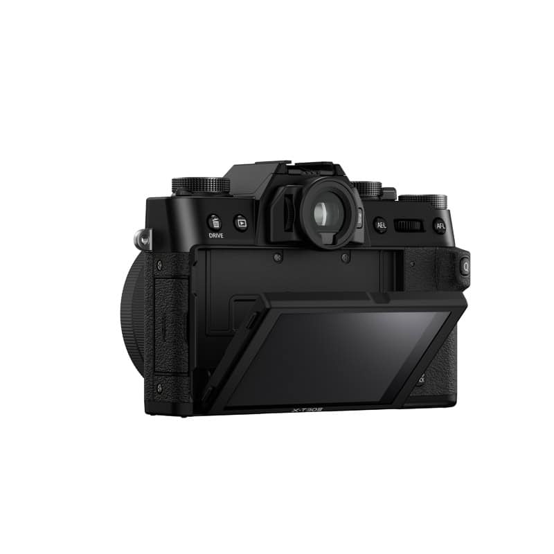 Fujifilm X-T30 III Gehäuse in Schwarz, Rückansicht mit klappbarem Display.